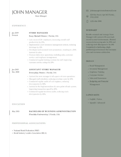 Experienced store manager resume example