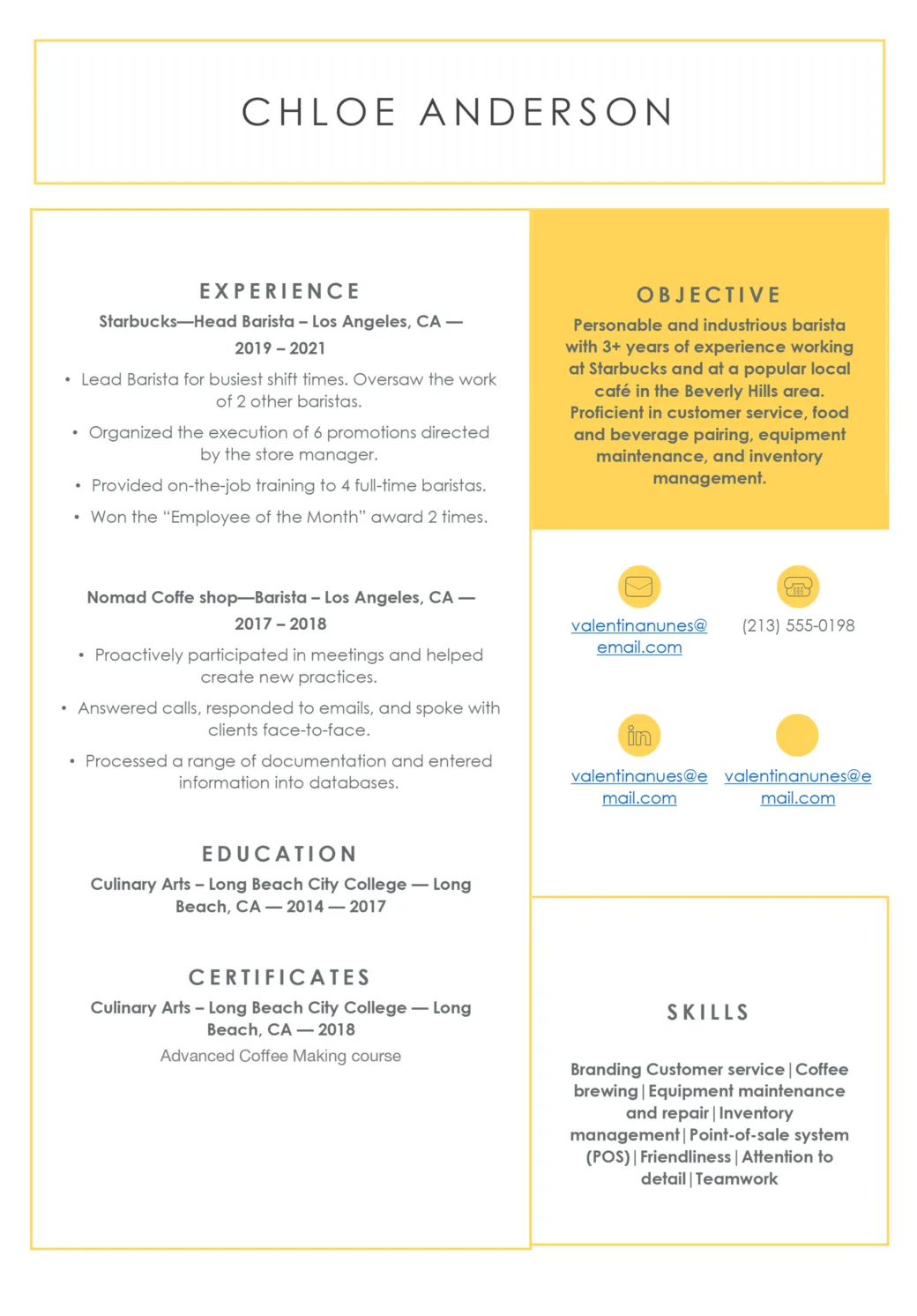 Barista Resume Example to Download   guide and top tips