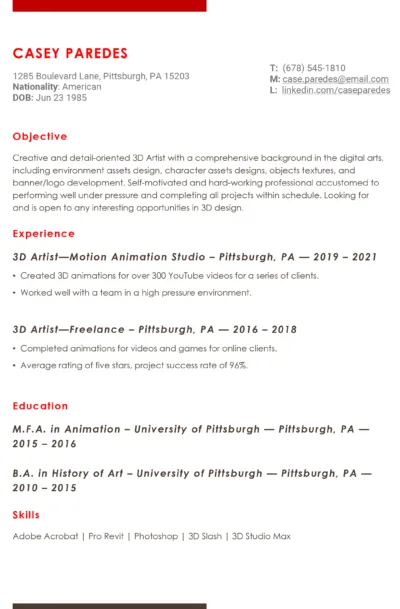 3D Artist resume free template to download