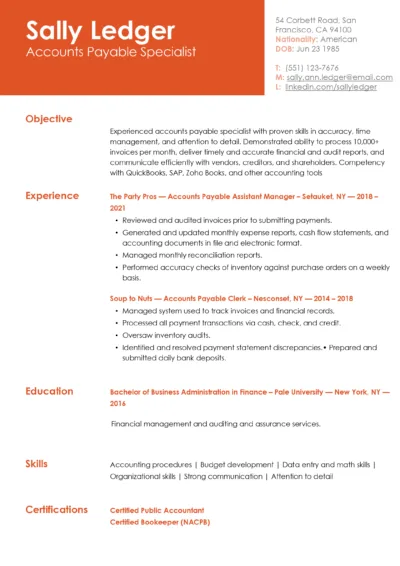 Accounts Payable Specialist Resume real example to download