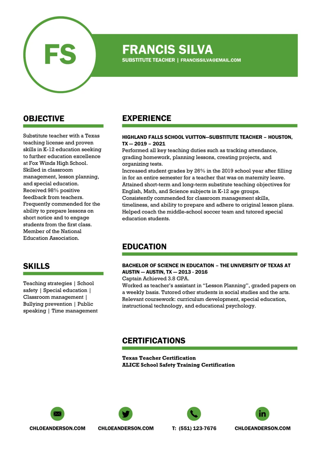skills for resume for substitute teacher