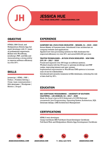 Full Stack Developer Resume Example to download in word