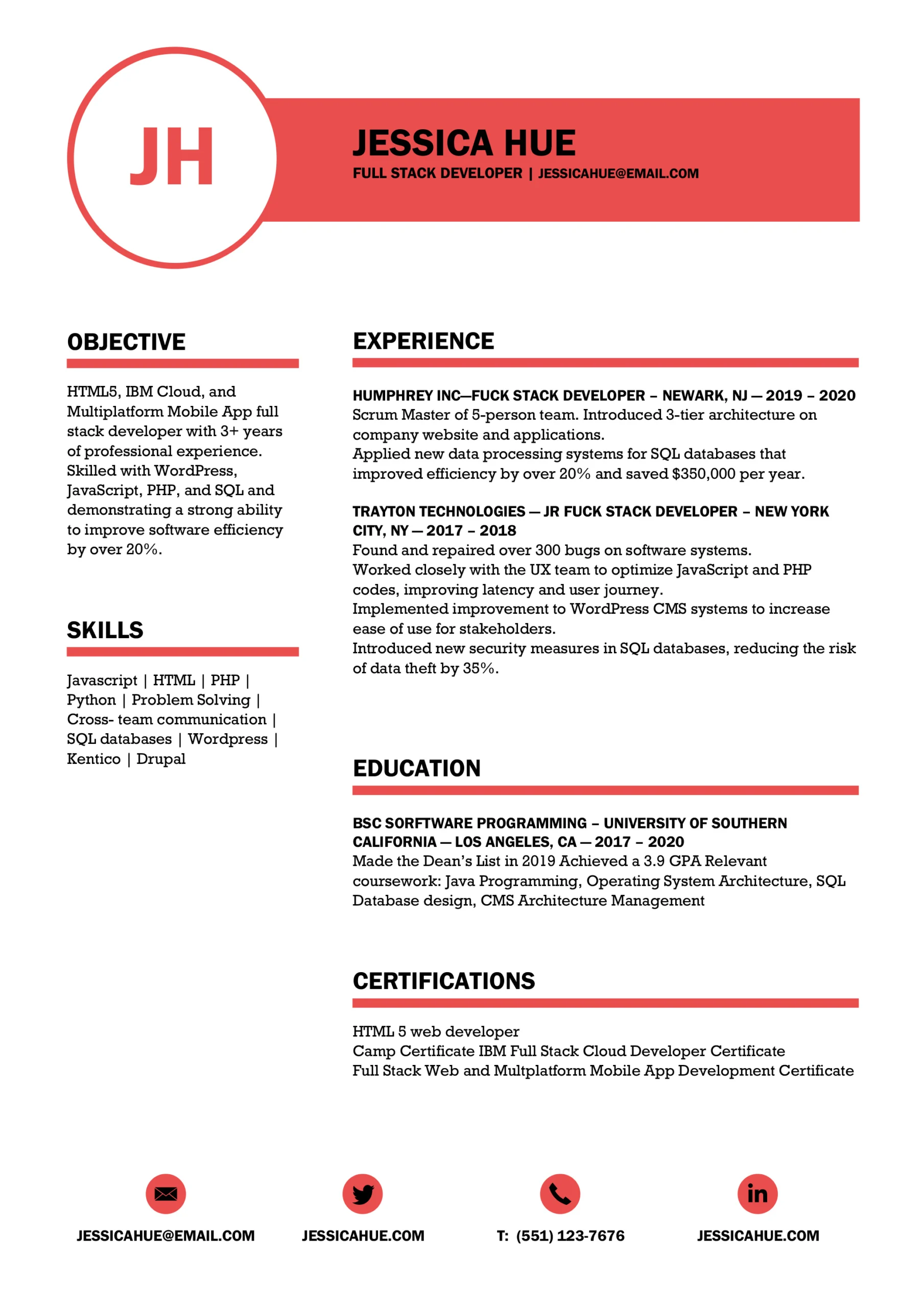 Full Stack Developer Resume [Javascript, Html, Css, Php, Python]