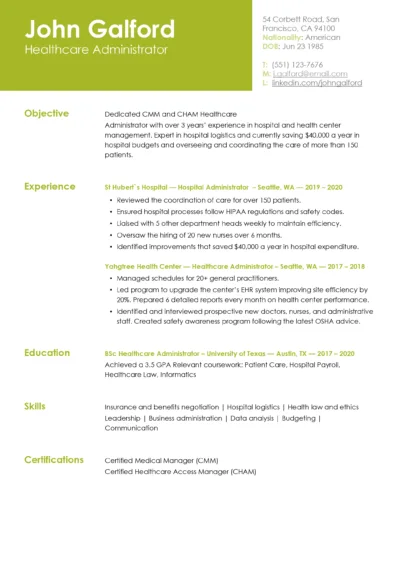 Healthcare Administration Resume Example to download in word