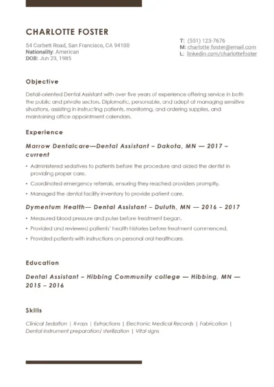 Dental assistant Resume Example to download in word