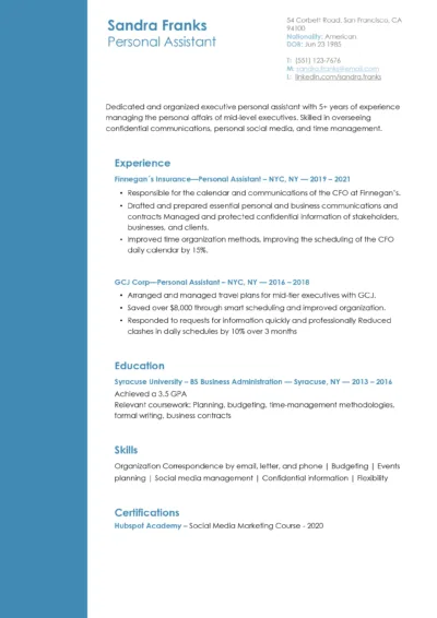 Personal assistant Resume Example to download in word