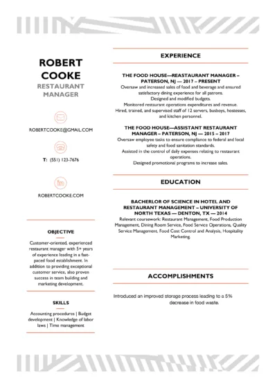 Restaurant Manager Resume Example to download in word