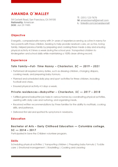 Nanny Resume Example to download in word