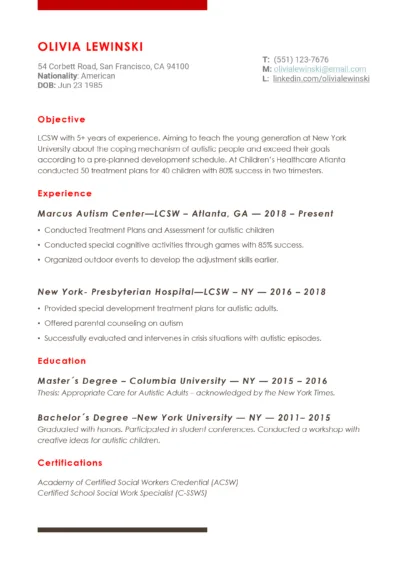 Social work Resume Example to download in word