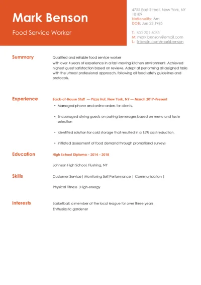 Fast Food Worker Resume Example to download