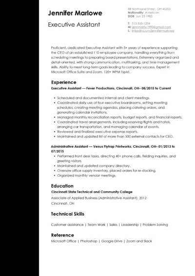 Executive assistant resume example to download in word