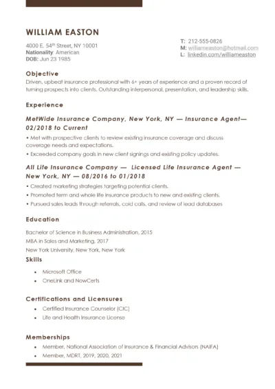 Insurance agent resume example to download in word