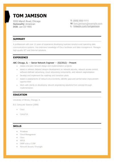 Network engineer resume example to download in word