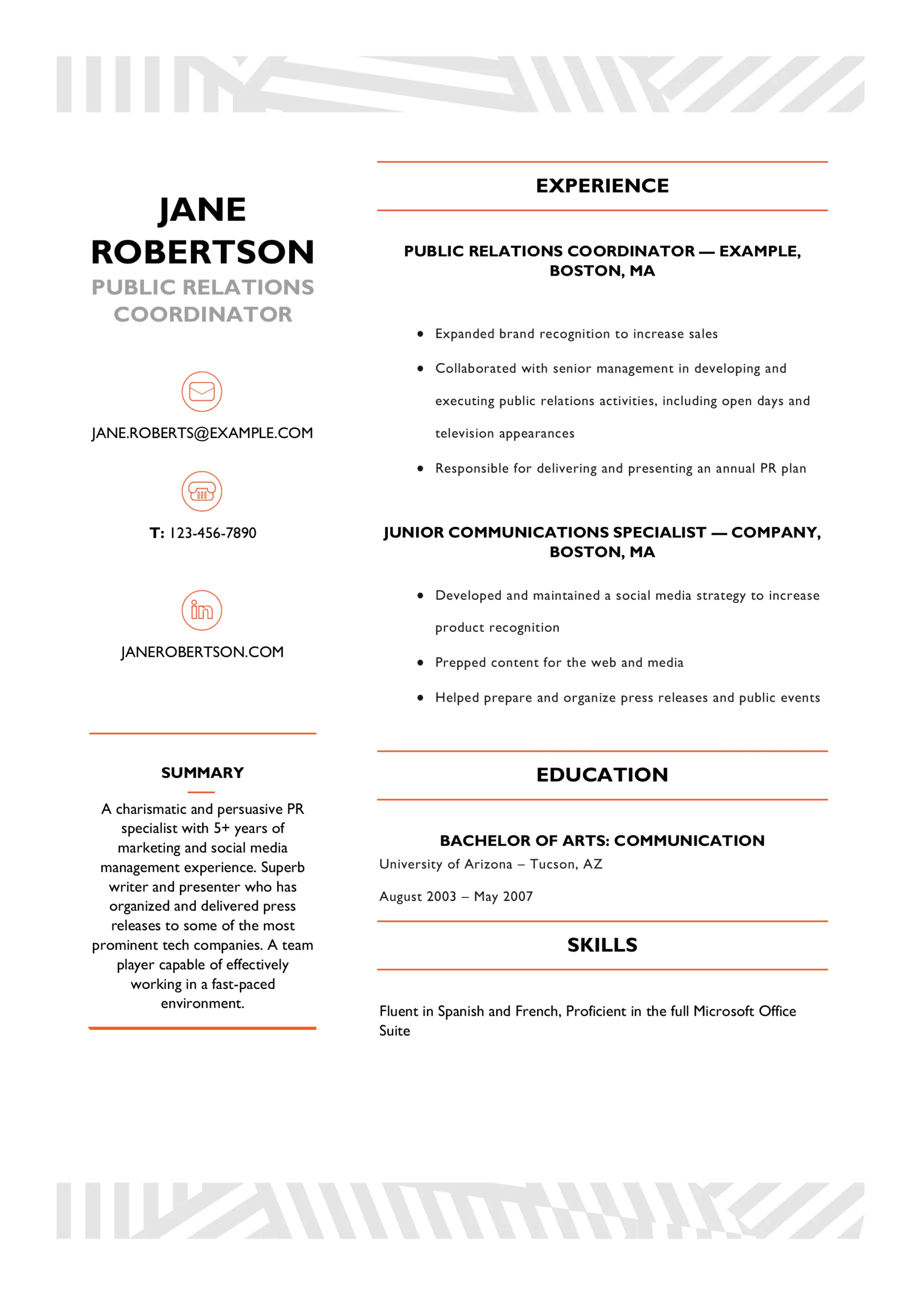 Public Relations Resume Example
