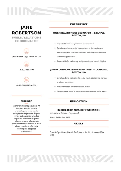 Public relations resume example to download in word