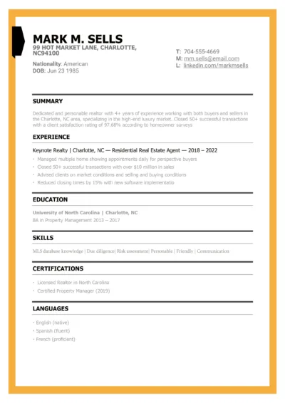 Real estate agent resume example to download in word