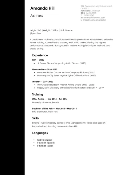 Theater resume example to download in word