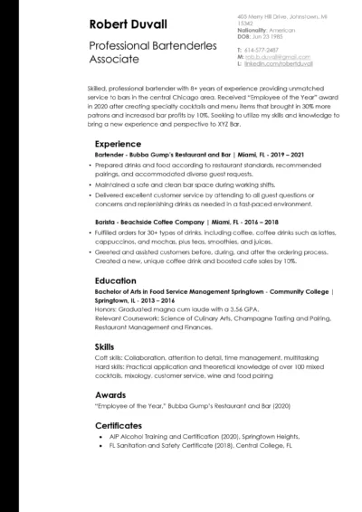 Bartender Resume Example to download