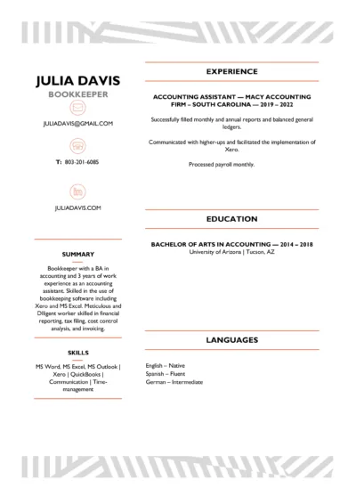 Bookkeeper Resume Example to download