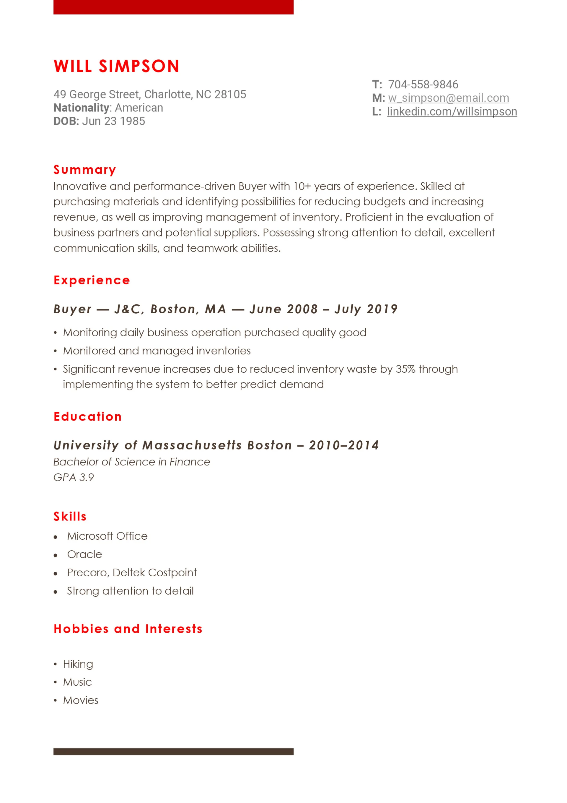 Buyer Resume Template