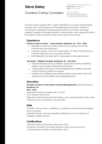 Camp Counselor Resume Example to download