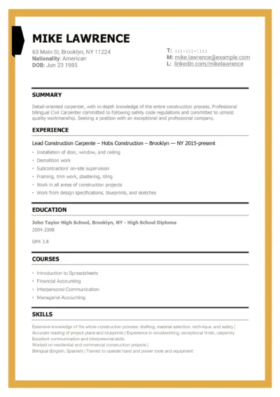 Carpenter Resume Example to download