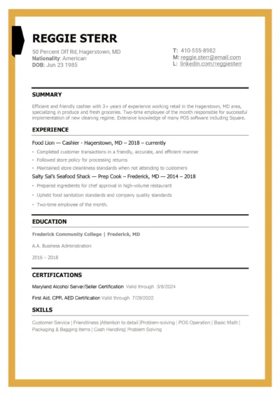Cashier Resume Example to download
