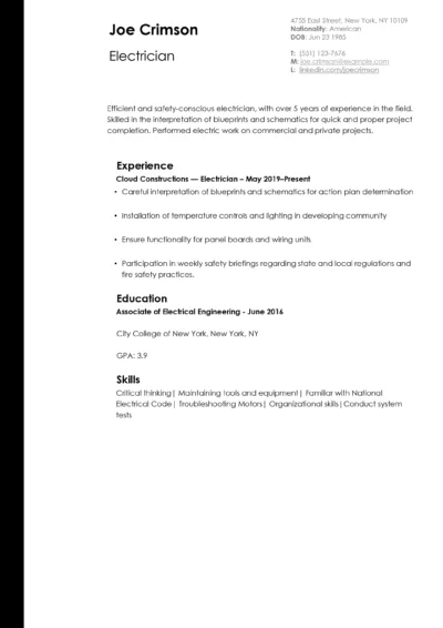 Electrician Resume Example to download