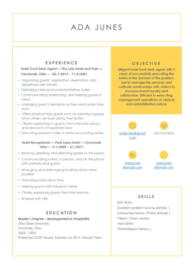 Hotel Front Desk Resume Example to download