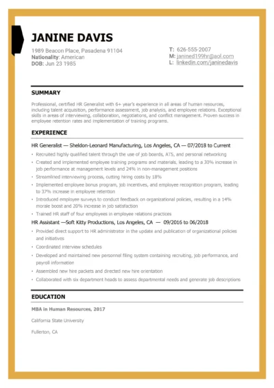 HR Generalist Resume Example to download