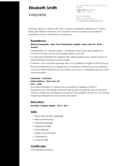 Interpreter Resume Example to download