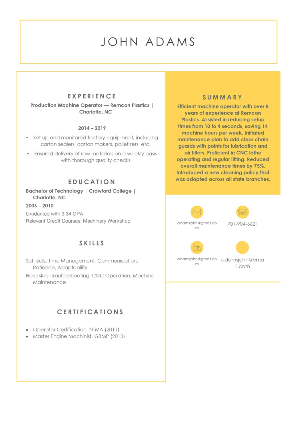 Machine Operator Resume Example [+ Downloadable Template]