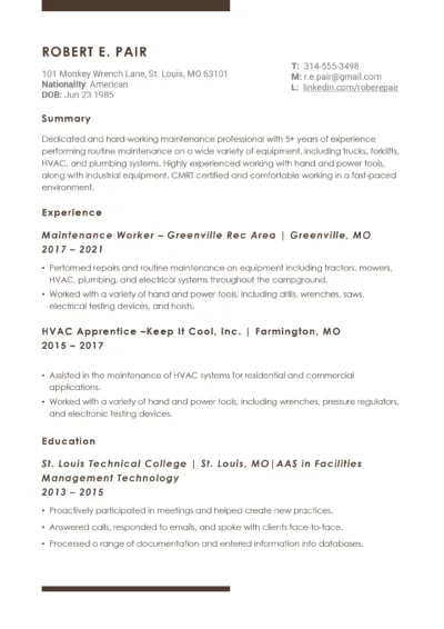 Maintenance Worker Resume Example to download