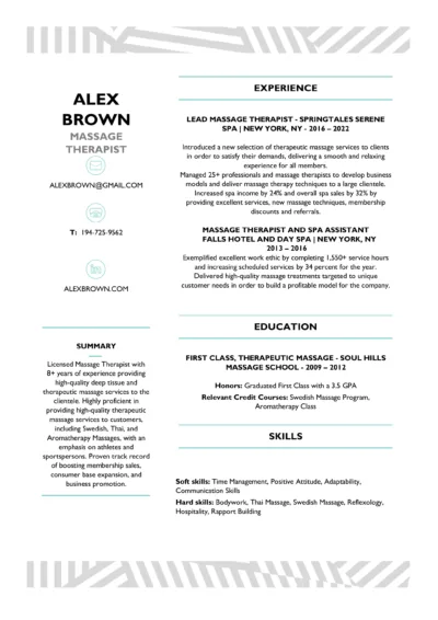 Massage Therapist Resume Example to download