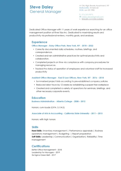 Office Manager Resume Example to download