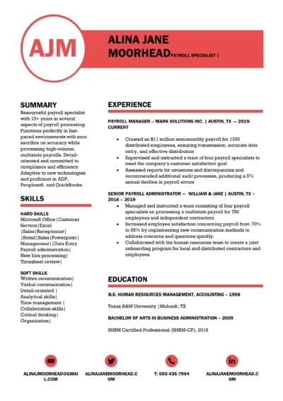 Payroll Specialist Resume Example to download