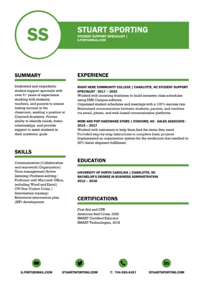 Student Support Specialist Resume Example to download