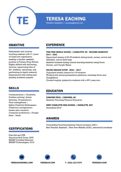 Teacher Assistant Resume Example to download