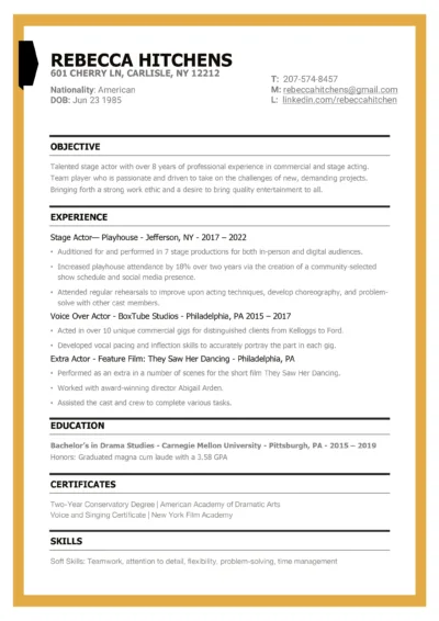 Acting Resume Example to download in word