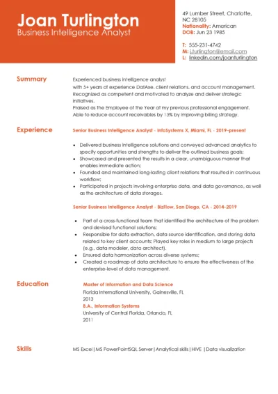 Business Intelligence Analyst Resume Example to download in word