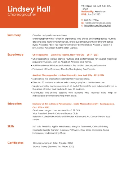 Choreographer Resume Example to download in word