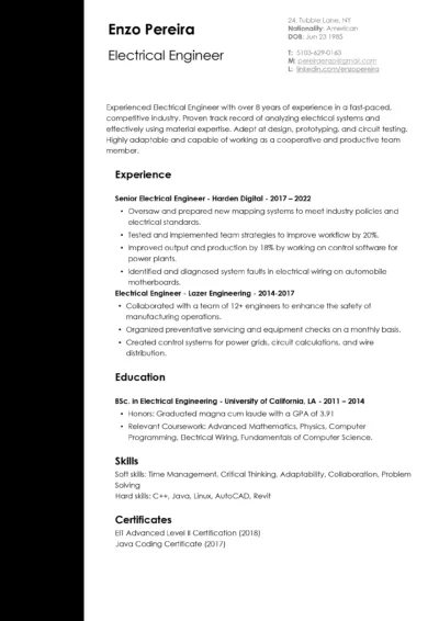 Electrical Engineer Resume Example to download in word