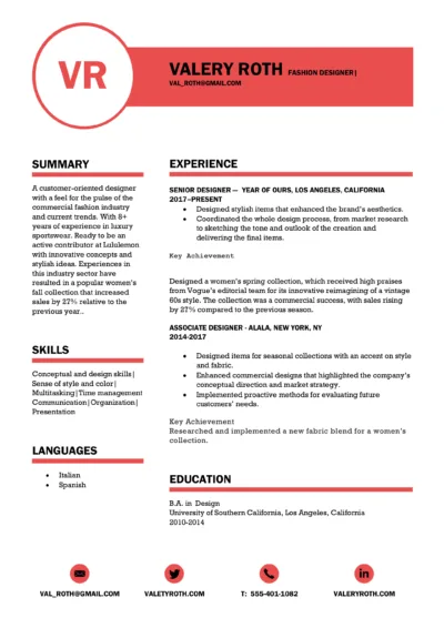 Fashion Designer Resume Example to download in word