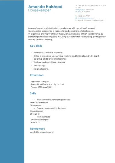 Housekeeper Resume Example to download in word