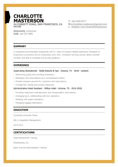Receptionist Resume Example to download in word