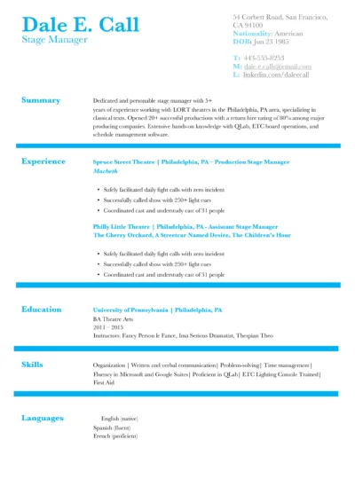 Stage Manager Resume Example to download in word