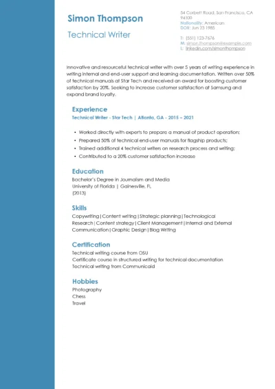 Technical Writer Resume Example to download in word