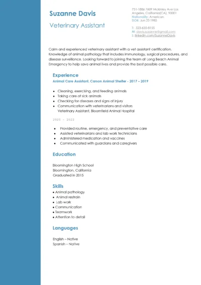 Veterinary Assistant Resume Example to download in word