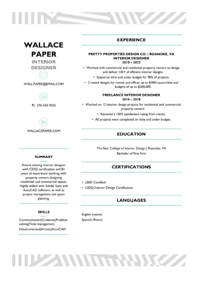 Interior Design Resume Example to download in word