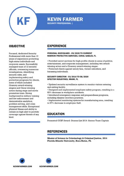 Bodyguard Resume Example to download in word